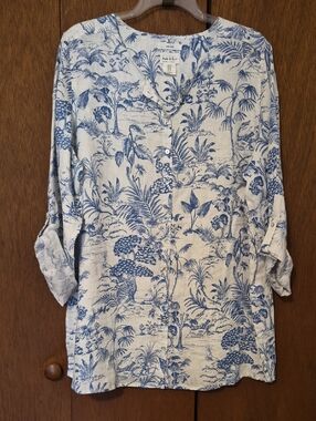 Nicole Miller Blue and White Linen Botanical Shirt Sz 1X